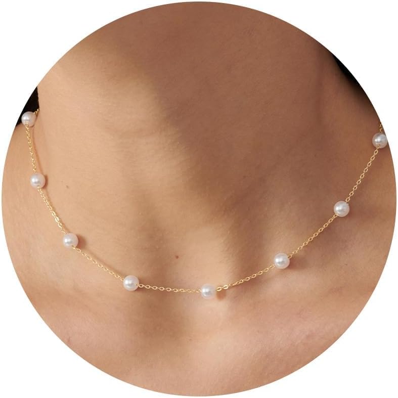 PRTGL Store Pearl Necklace: 14K Gold-Plated/White Gold-plated Pearl Necklace for Women 16.5” + 2” - Image 1
